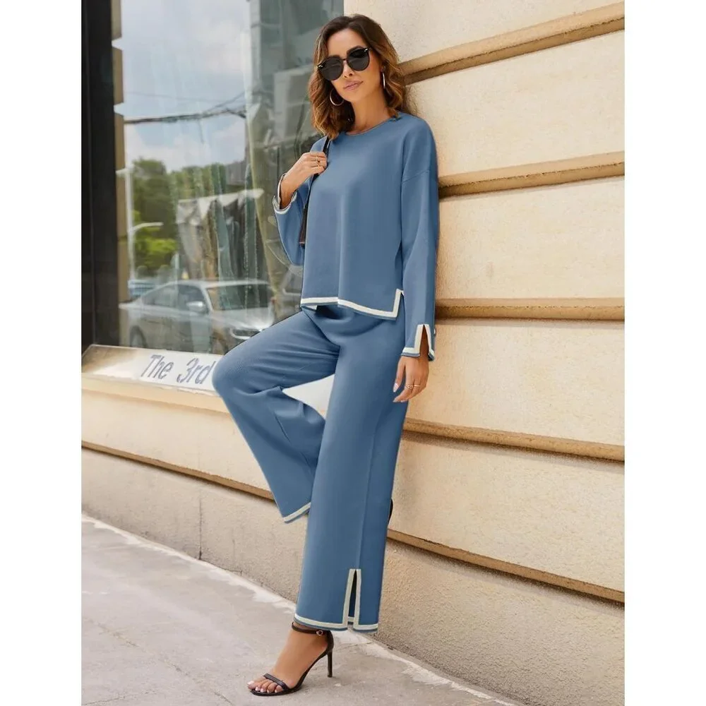 Women's Blue Long Sleeve Knit Sweater Top & Wide Leg Pants Lounge Set